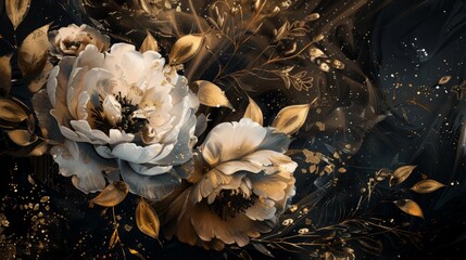 Wall Mural - Abstract illustration featuring delicate flowers and foliage rendered in shimmering gold against a backdrop of rich oil textures, offering a sophisticated touch for elegant cards and hangings. 