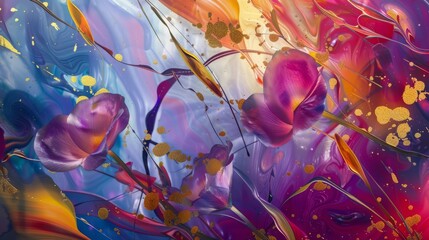 Wall Mural - abstract oil painting, art piece featuring a symphony of colorful flowers and leaves dancing across the canvas, with accents of shimmering gold adding a touch of luxury.