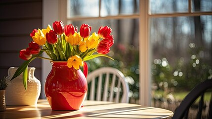 Poster - A red ceramic vase with yellow tulips is placed on the table