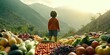Child back view standing among mountains of fresh fruits and vegetables. Concept of children nutrition. Foods that lift immunity in kids Generative AI