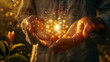 Male hands with radiant white starlight between, set against a golden Flower of Life backdrop, perfect for a spiritual holistic healing concept.