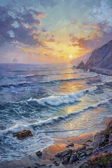 Canvas Print - The serene beauty of a new day unfolds as dawn embraces a rugged coastline, waves murmuring softly in an oil-painted scene.