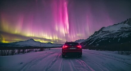 Sticker - Car under northern lights.