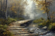 Old Wooden Bridge Over Stream In Misty Forest, Painted With Oil Paints.