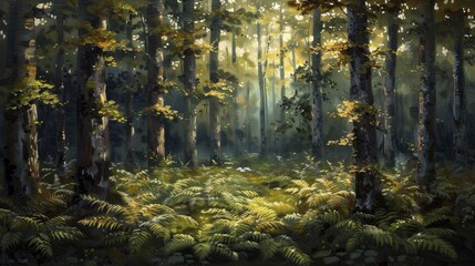 Canvas Print - The tranquil old growth forest, where towering trees meet a lush carpet of ferns under soft filtered light, captured in oil paints.