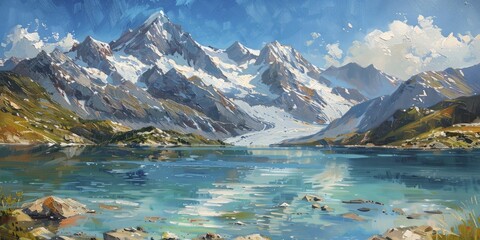 Wall Mural - Snow capped mountains with clear blue lake in foreground, painted with oil paints.