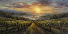 The morning light bathes the vineyard hills, mist dancing amid the rows, captured in vibrant oil strokes.
