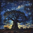 Capturing the majestic essence of a centuries-old baobab tree under a starlit sky, highlighting nature's everlasting allure in oil.