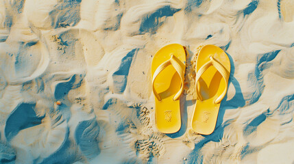 Wall Mural - Yellow Flip Flops on Sunny Beach Sand Texture, summer concept