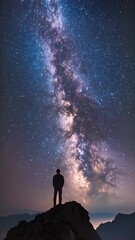 Man standing on the mountain at night with starry sky and Milky Way
