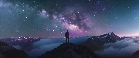 Wall Mural - Man standing on the mountain at night with starry sky and Milky Way