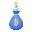 Money bag with grow investment tree Bitcoin or Cryptocurrency on isolated background. Business profit successful, finance strategy stock trade, savings, 3d render illustration