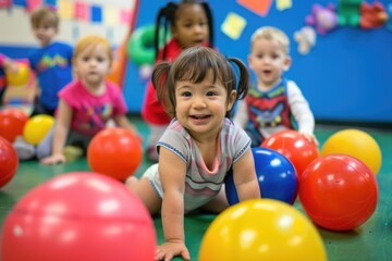 A group of energetic toddlers enthusiastically engaging in sports activities during their physical fitness class, playfully interacting with balls.