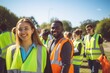 Diverse group of young individuals and committed helpers, adorned in colorful vests, fervently involved in a community environmental cleanup, eliminating trash and plastic debris from a local park.