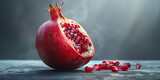 Fototapeta  - Fresh juicy pomegranate bright background design. Natural organic red fruit concept banner. Raster bitmap digital photo style illustration. AI artwork.