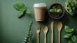 Lunch concept with reusable cup and box, bamboo cutlery. Green flatlay.