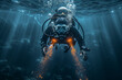 A diver descending into the depths of the ocean, surrounded by the darkness of the distant abyss. Concept of exploration and discovery. Generative Ai.
