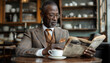 Sophisticated African American man in tailored suit reads newspaper in stylish café, savoring coffee and fresh newspaper. Everyday life moments of America 1930s high-quality image.