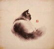 Ink painting of fluffy cat. Traditional Japanese ink wash painting sumi-e on vintage background. Hieroglyph - happiness