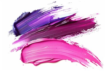 Wall Mural - A vibrant pink and purple oil paint stroke isolated on a white background. Lipstick color swatches in the style of brush strokes isolated on a white background, featuring pink and red colors