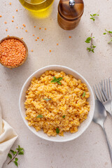 Wall Mural - Cooked red lentils in a bowl, healthy vegan protein source