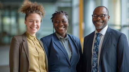 Wall Mural - Diverse group of business people team standing in an office, smiling and looking at the camera with arms crossed. A man posing as the leader is in the center posing for a portrait