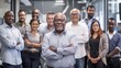 © MD Media - Diverse group of business people team standing in an office, smiling and looking at the camera with arms crossed. A man posing as the leader is in the center posing for a portrait