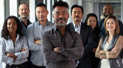 Wall Mural - Diverse group of business people team standing in an office, smiling and looking at the camera with arms crossed. A man posing as the leader is in the center posing for a portrait