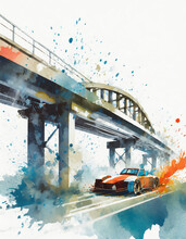 Watercolor Painting Of A Sports Car On The Road Under The Bridge. Vector Illustration For T-shirt Design.