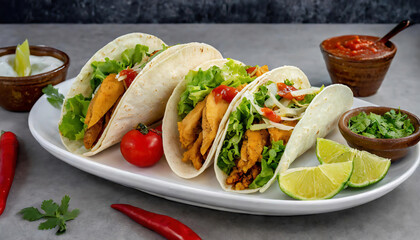 tasy chicken tacos with fresh lettuce, tomatoes and lemon