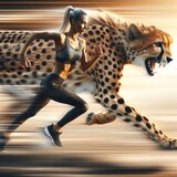 Fototapeta Nowy Jork - Female runner racing with a cheetah.