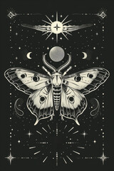 Celestial skeleton moth surrounded by occult symbolism, folk monochrome art, 