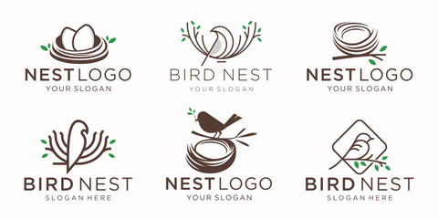 Canvas Print - set of bird's nest logo with simple roots and leaves symbols.