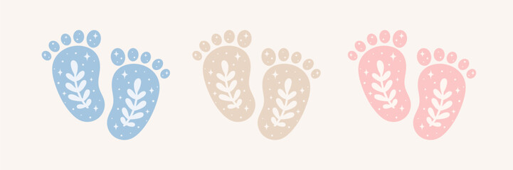 Boho style baby footprints with plant and sparkling stars for newborn products. These are baby girl, baby boy and neutral. You can use that design as baby scrapbook decor, baby shower invitations etc.