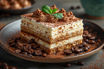 Poster - A decadent tiramisu dessert with layers of coffee-soaked sponge cake and creamy mascarpone cheese, offering a delightful mix of bitter and sweet flavors.  Generative Ai.