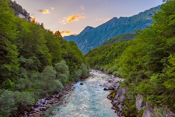 Poster - Sunset view over Soca river in Slovenia