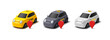 Set of 3D yellow, white, and black taxis with navigation icon. Modern vehicles for design concepts of taxi service, fast food delivery, business. Vector