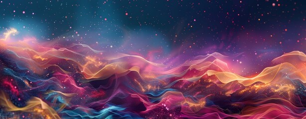 Sticker - Abstract background with colorful sound waves and wave forms. Abstract digital landscape with glowing neon lights. Futuristic networking connections