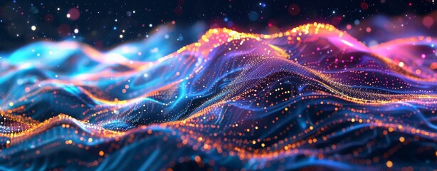 Poster - Abstract background with colorful sound waves and wave forms. Abstract digital landscape with glowing neon lights. Futuristic networking connections