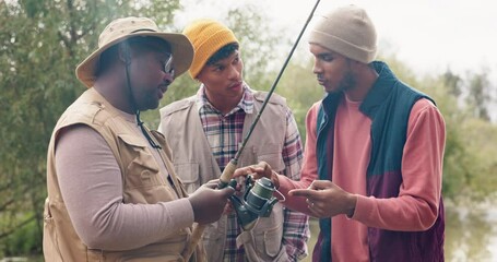 Poster - Camping, friends and fishing help with fisherman gear, river and casting advice by lake. Adventure, vacation and men with conversation and nature hobby with activity and holiday water sport together