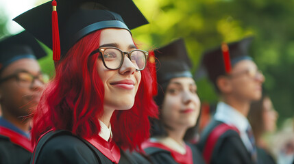 Wall Mural - Cute smiling girl university graduate with red hair and glasses wearing a black graduate cap and gown at the graduation ceremony. creative graduate looks joyfully into the future. copy space