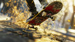 A dynamic close-up of a skateboarder catching air while grinding along an urban ledge, frozen dirt and debris flying