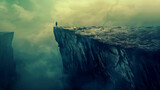 Fototapeta  - A compelling and moody image of a single person contemplating at the cliff edge, engulfed by mist and vastness, evoking feelings of solitude