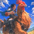 Explore a whimsical fantasy world with an unlikely knight and his rooster companion. This charming anime art piece captures the spirit of adventure and camaraderie.