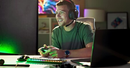 Leinwandbilder - Gaming, video game and man celebrate at night for entertainment, online games and esports. Gamer, winner and person with headphones, neon and controller for virtual media, streaming and competition