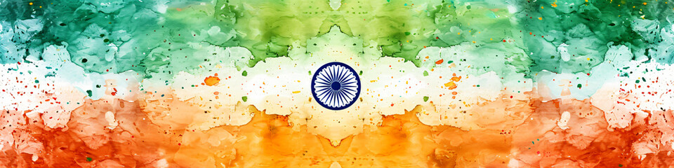 Watercolor Indian Tricolor flag background. Ashoka wheel. India Independence Day. Banner or greeting card design template