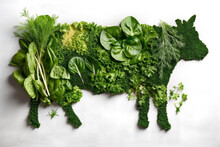 Green Cow. Greens Are Used To Create Various Parts Of The Cow. The Importance Of Healthy Eating, Vegetarianism, Artistic Expression In Culinary Arts.