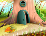 Fototapeta Dinusie - House in the forest tree with door and window. Carrots growing in vegetable garden in woods, empty background for children story. Vector book illustration for kids fairytale.