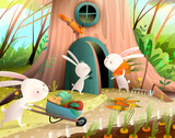 Fototapeta Dinusie - Rabbit or bunny family gardening together, autumn vegetable harvest and produce. Forest animals tree house and garden fairytale for children. Vector book illustration for kids story about rabbits.