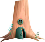 Fototapeta Dinusie - Tree house with door and window for fairytale. Tree trunk with door and window, home element for children animals story. Hand drawn vector cartoon in watercolor style for kids tale.